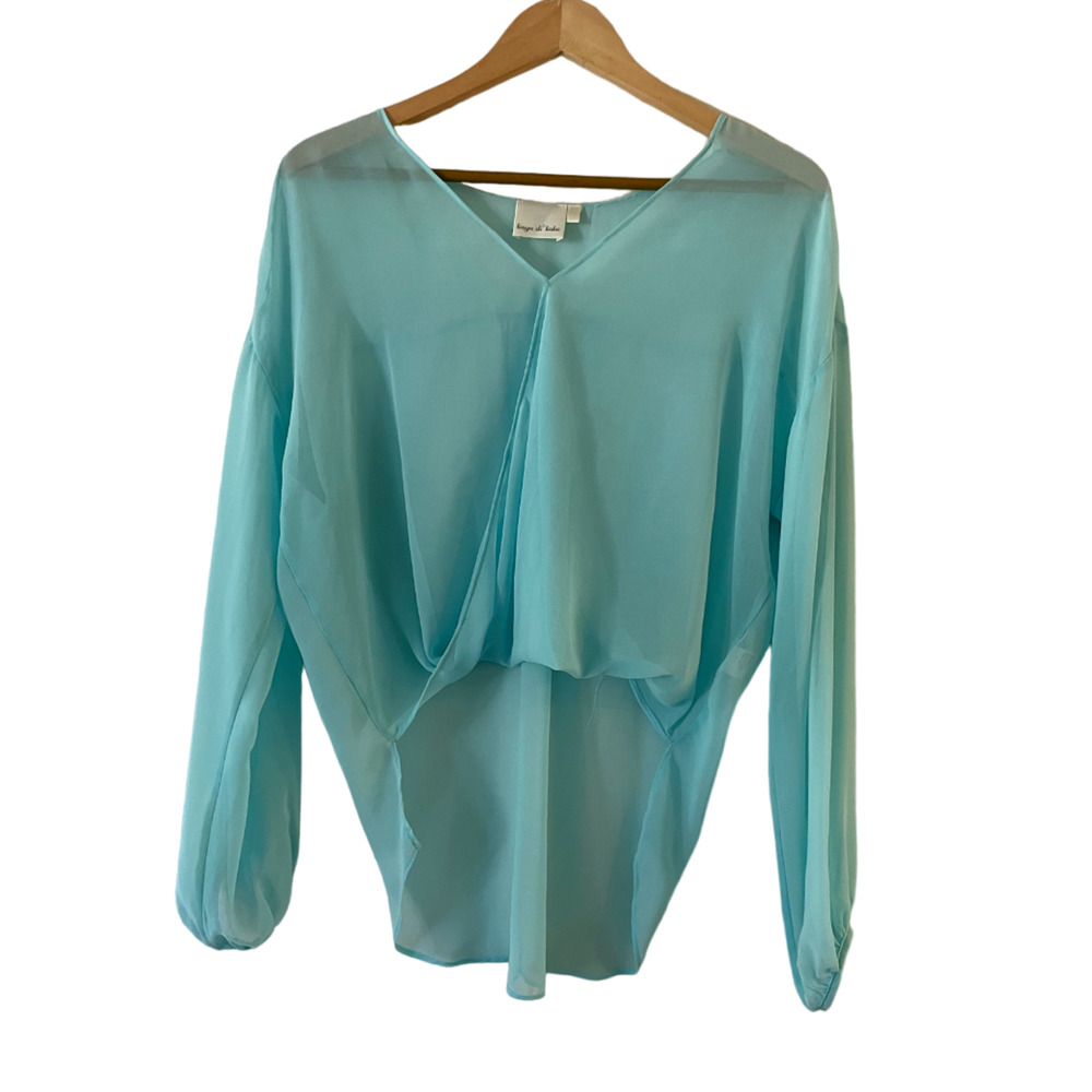 Kaya di Koko Hi Low Sheer Blouse XS Twist Front Long Sleeve Turquoise Aqua‎ Blue